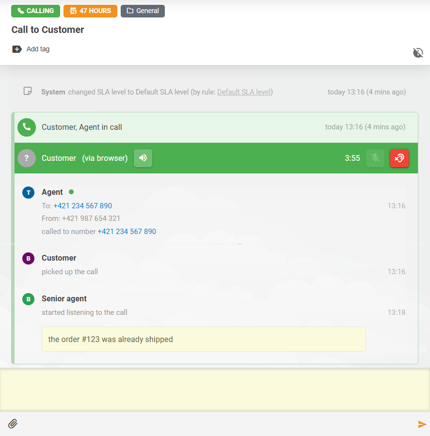 LiveAgent zvanu klausīšanās funkcija ar piezīmju mijiedarbību starp aģentiem