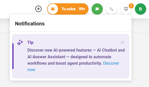 LiveAgent jaunā iegultā ziņu paneļa ekrānuzņēmums, kurā redzami paziņojumi un atjauninājumi