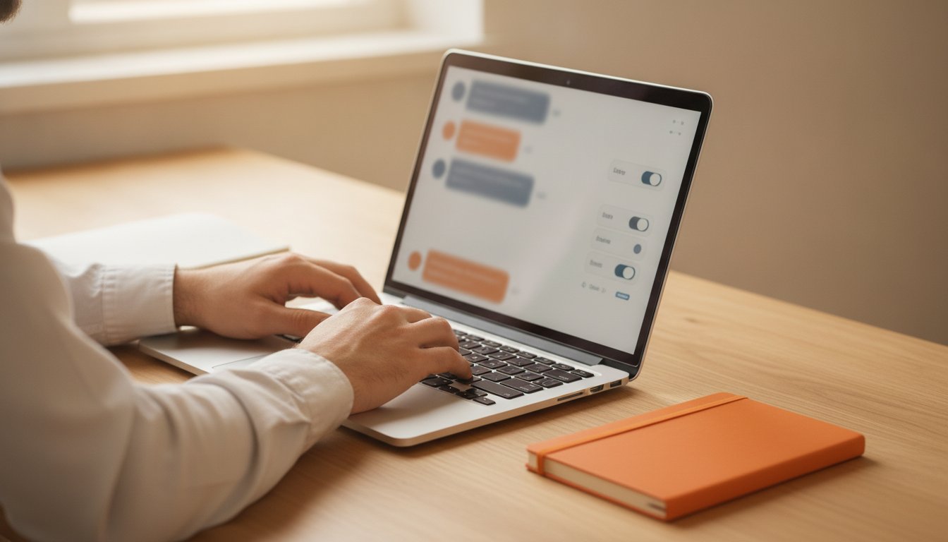 Atbalsta vadītājs laptopā regulē LiveAgent čatbota nodošanas un eskalācijas iestatījumus