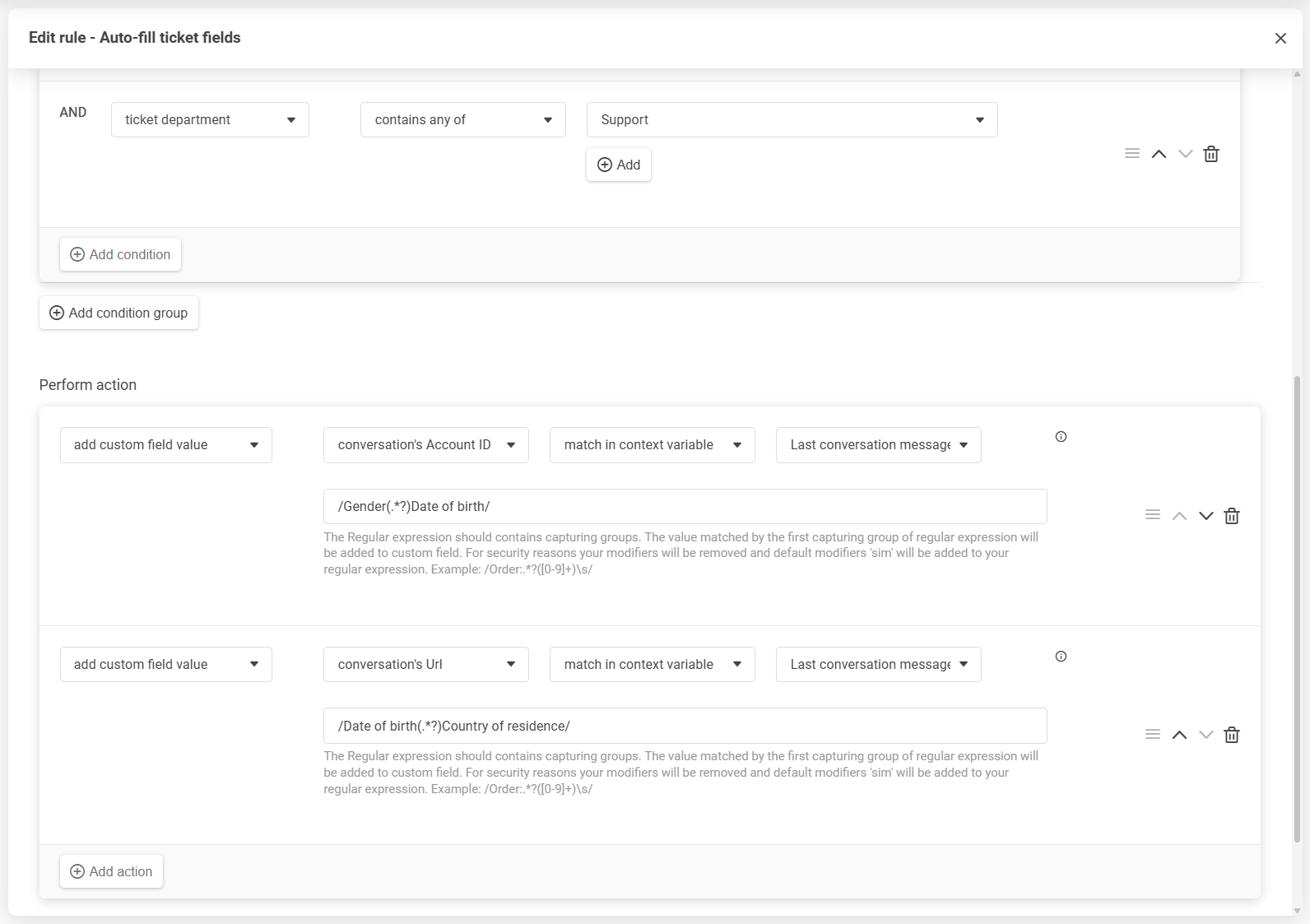 LiveAgent kārtulu redaktors ar nosacījumu un darbību pārkārtošanu, izmantojot vilkšanu un nomešanu