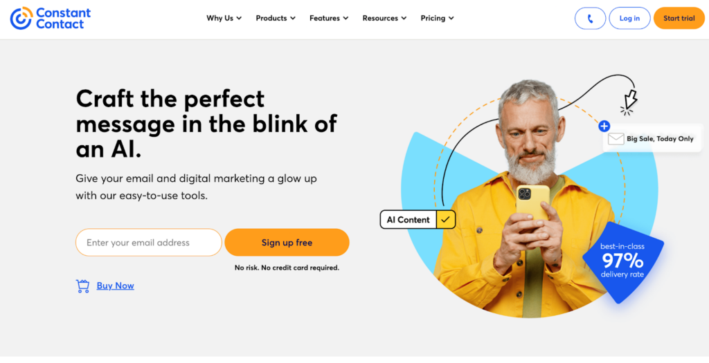 Constant Contact sākumlapa, e-pasta mārketinga un pārvaldības programmatūra