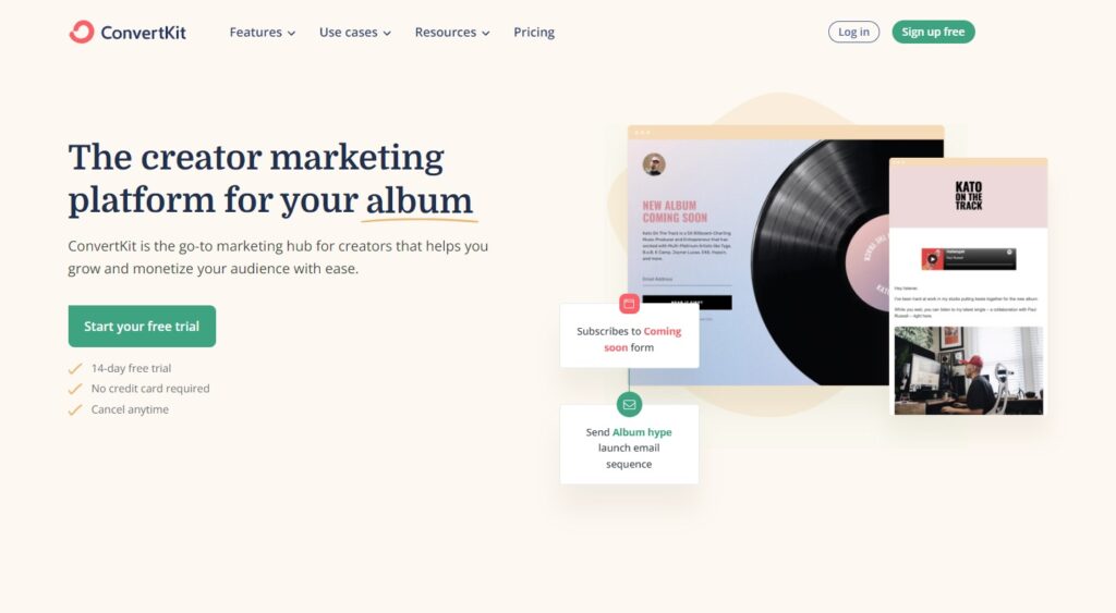 ConvertKit sākumlapa, e-pasta pārvaldības programmatūra radītājiem