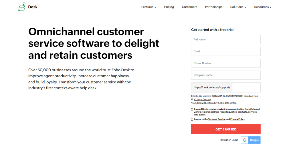 Zoho Desk sākumlapa