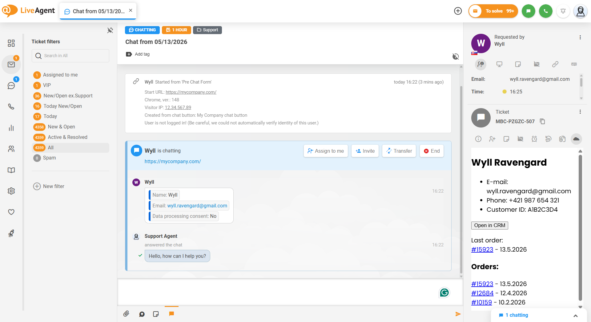 LiveAgent biļete ar rādītu ārējo klientu informāciju
