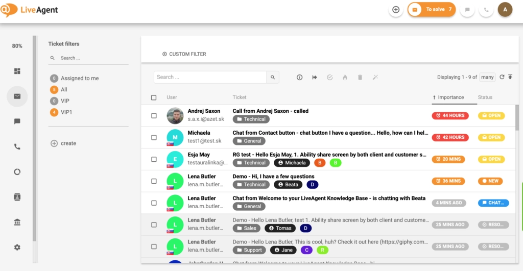 Biļešu sistēmas saskarnes pārskats LiveAgent.
