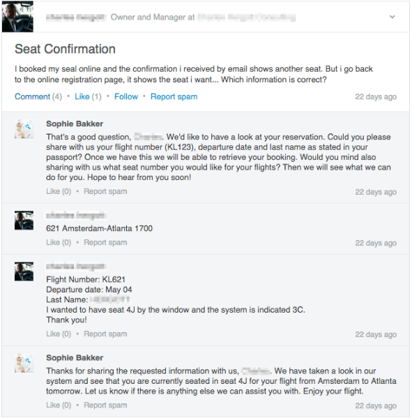 KLM Airlines atbilde uz klientu jautājumu LinkedIn
