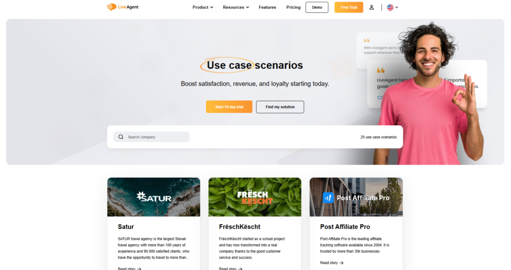 LiveAgent mājaslapas ekrānšāviņš, kurā tiek dalīti klientu veiksmes stāsti