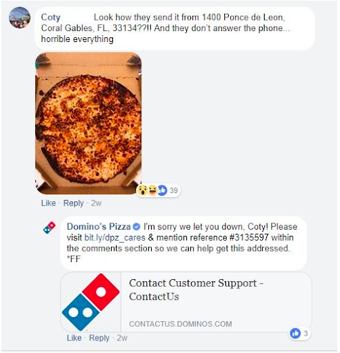 Dominos reaģē Facebook komentāros