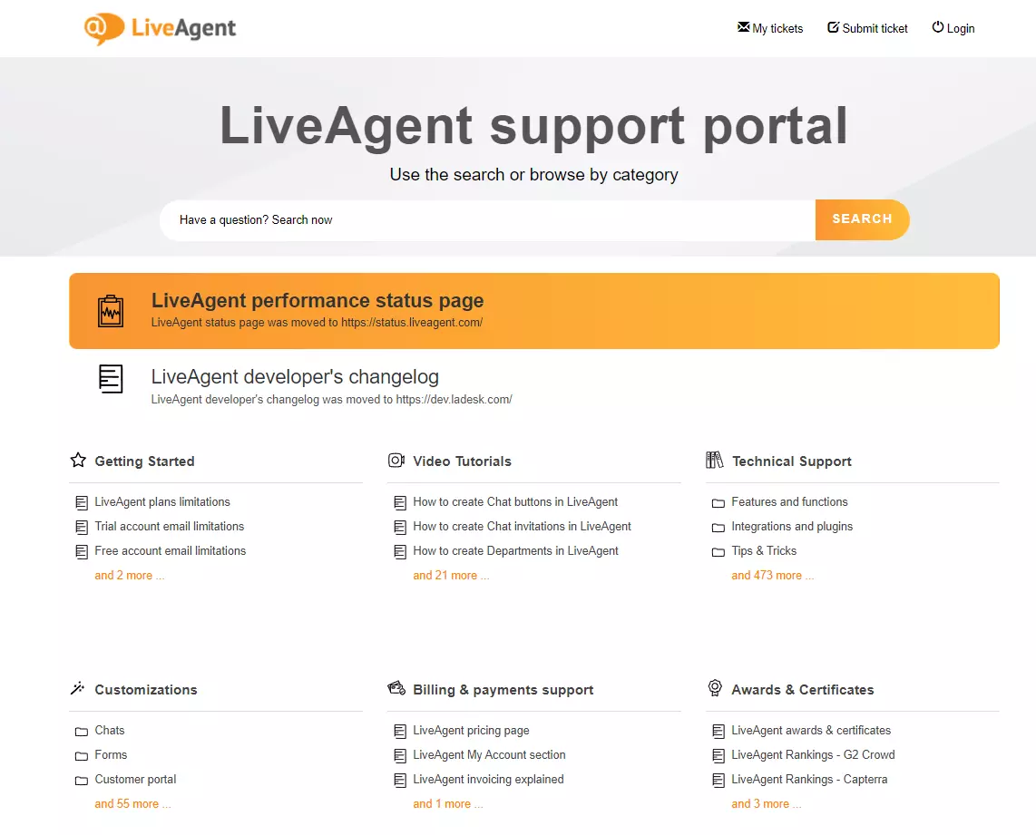 LiveAgent atbalsta portāls ar rakstiem un BUJ