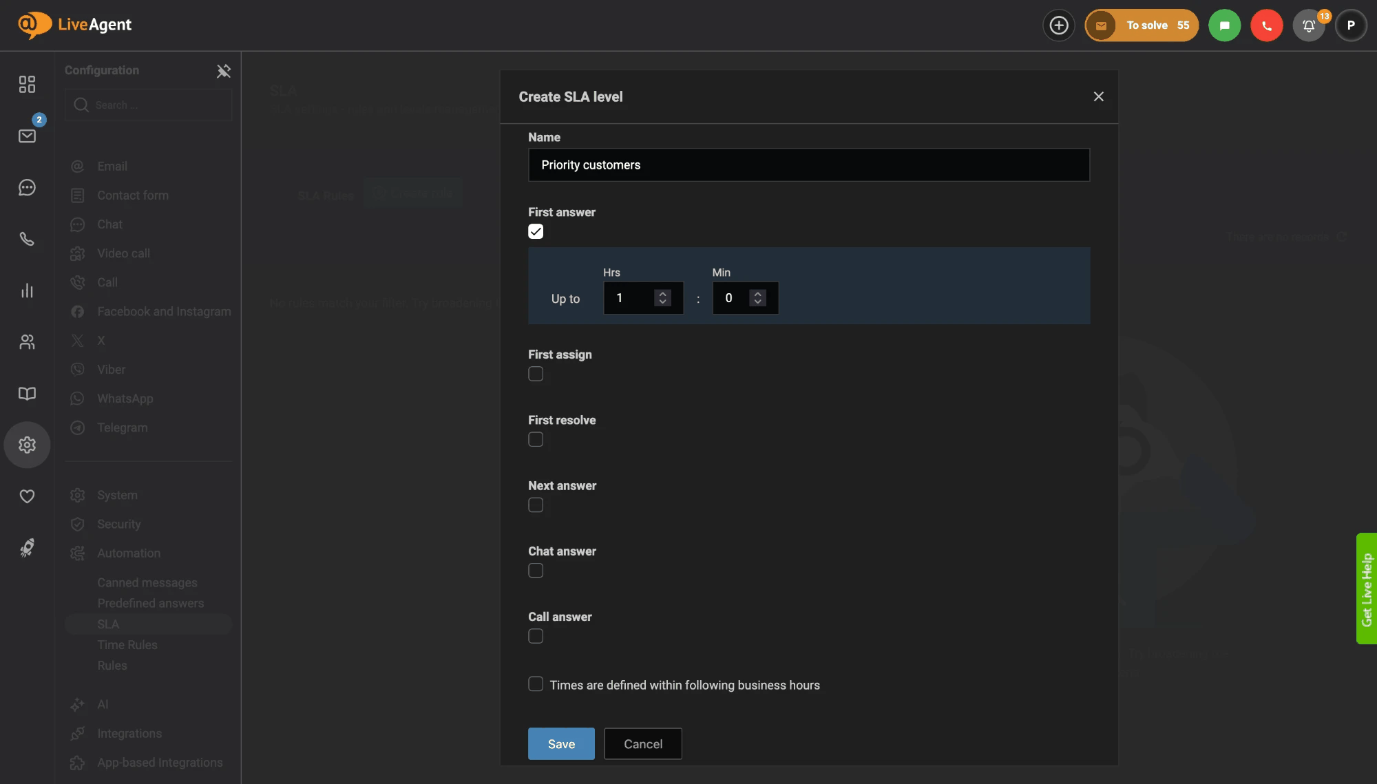 SLA līmeņa izveides forma LiveAgent ar nosaukumu Priority Customers un pirmās atbildes laiku līdz 1 stundai