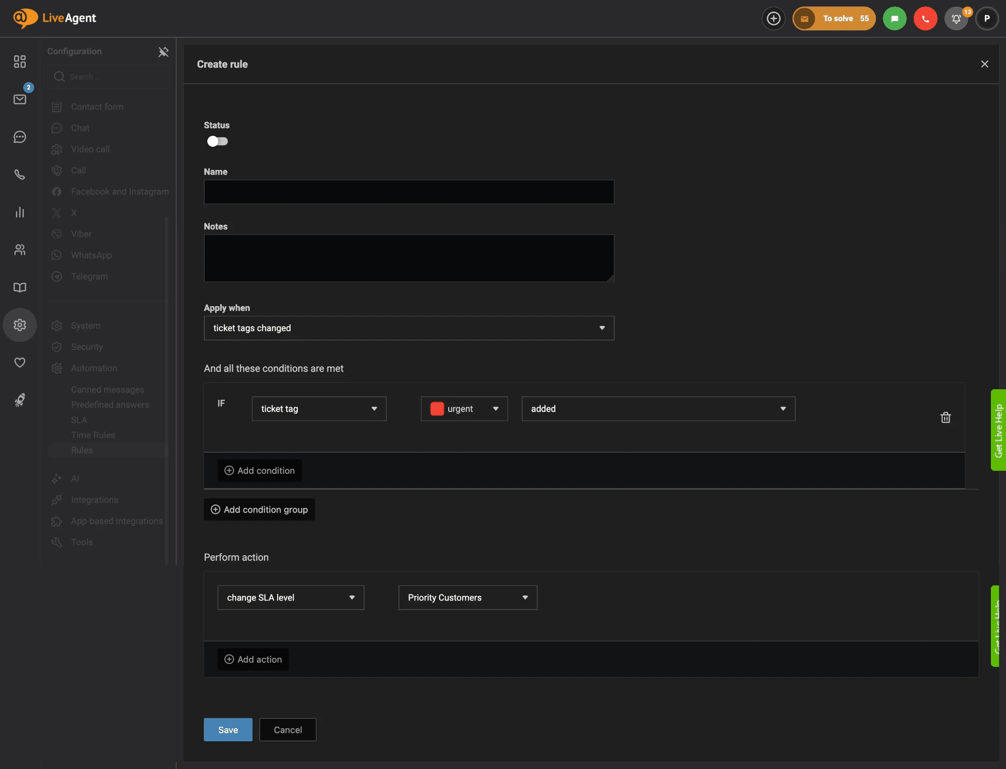 LiveAgent noteikums, kas maina SLA līmeni uz Priority Customers, kad biļetei tiek pievienots tags urgent