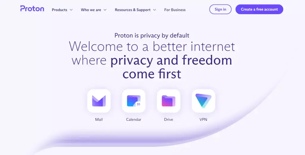 Proton Mail sākumlapa