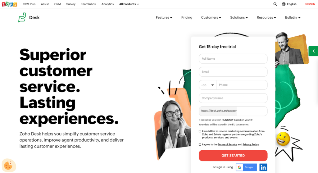 Zoho Desk biļešu sistēmas sākumlapa