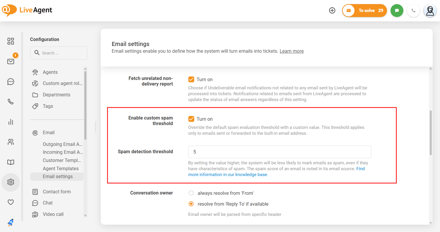 LiveAgent pielāgojamā surogātpasta slieksņa saskarne