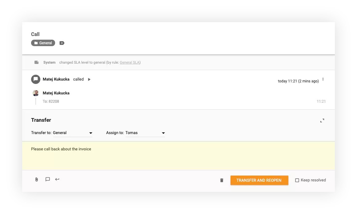 Ekrānuzņēmums parāda, kā pārsūtīt zvanus LiveAgent uz citām nodaļām un aģentiem