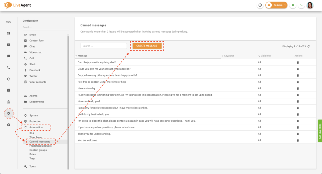 Izveidojiet iepriekš sagatavotus ziņojumus LiveAgent