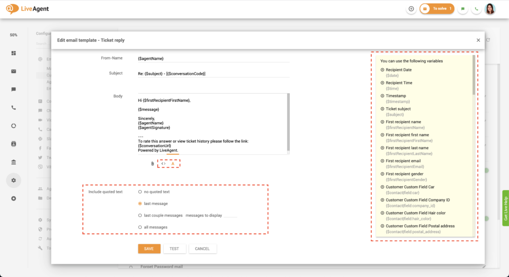LiveAgent e-pasta veidņu pielāgošana
