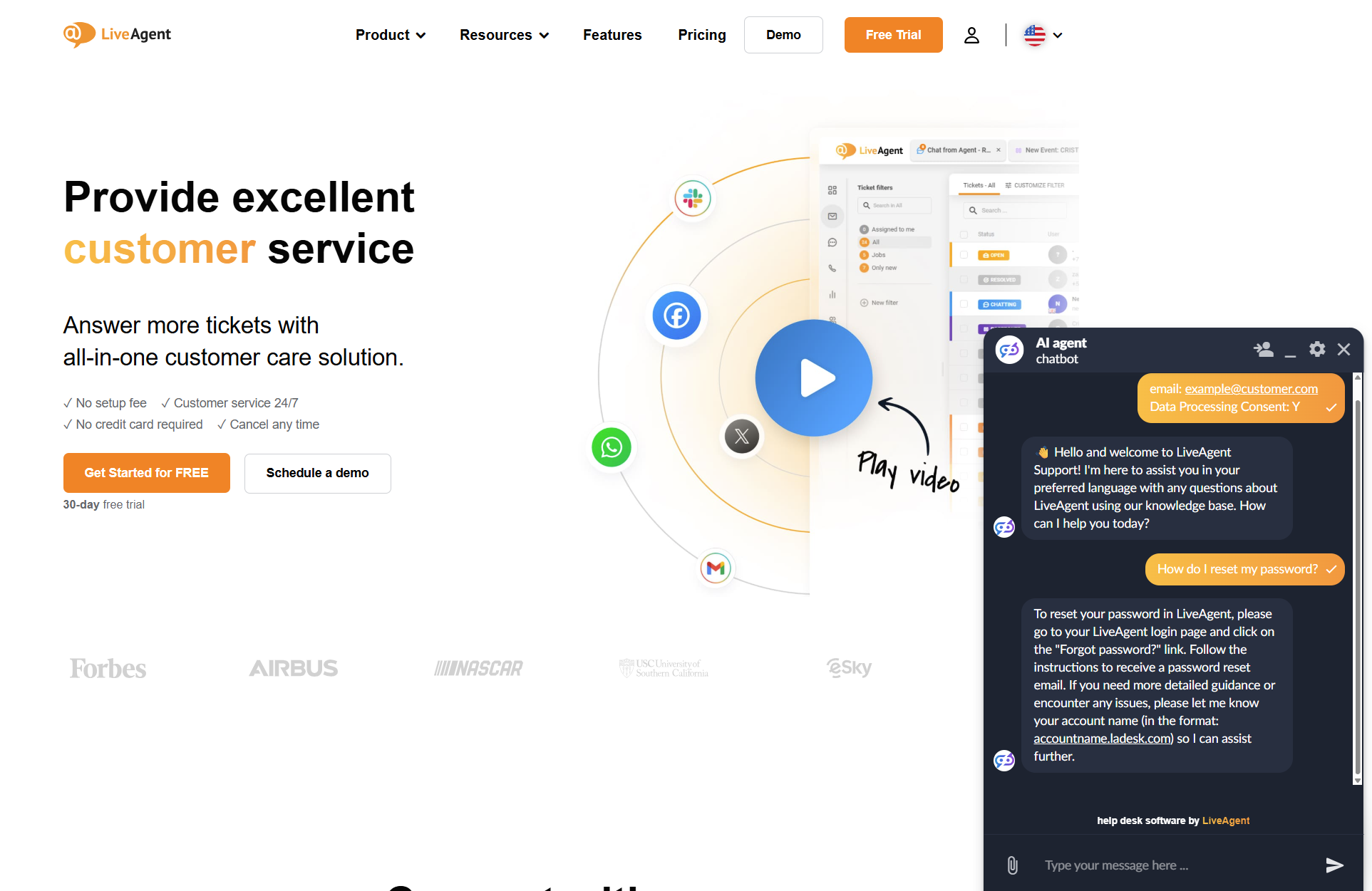 LiveAgent AI čatbota tērzēšanas saruna LiveAgent lapā