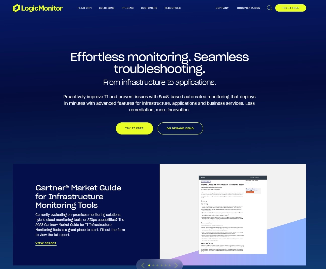 LogicMonitor mājas lapas ekrānuzņēmums - IT veiktspējas platforma bez piepūles monitoringam un problēmu novēršanai