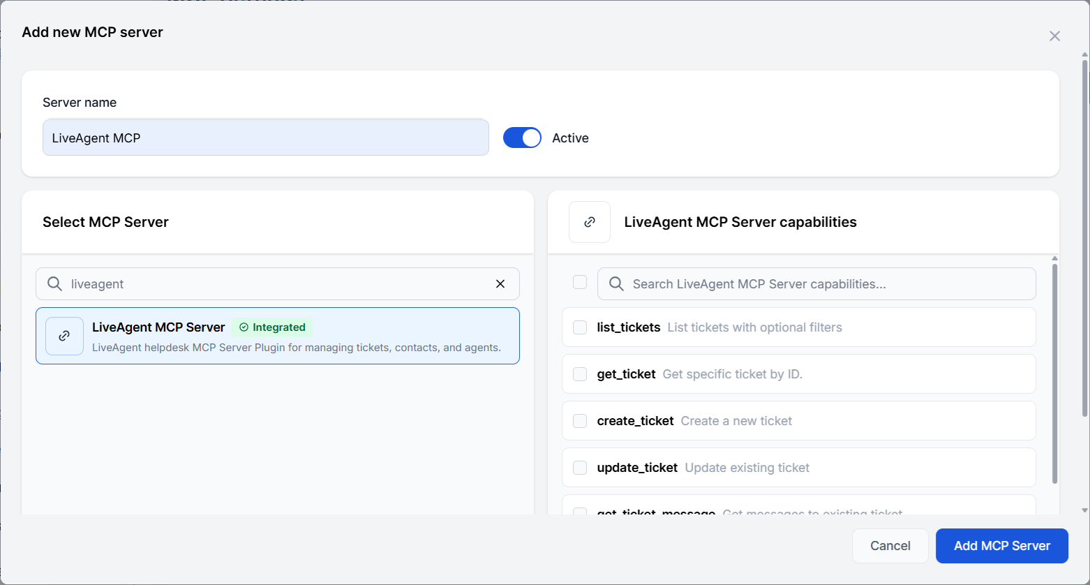 Jauns MCP serveris Liveagent tika pievienots FlowHunt