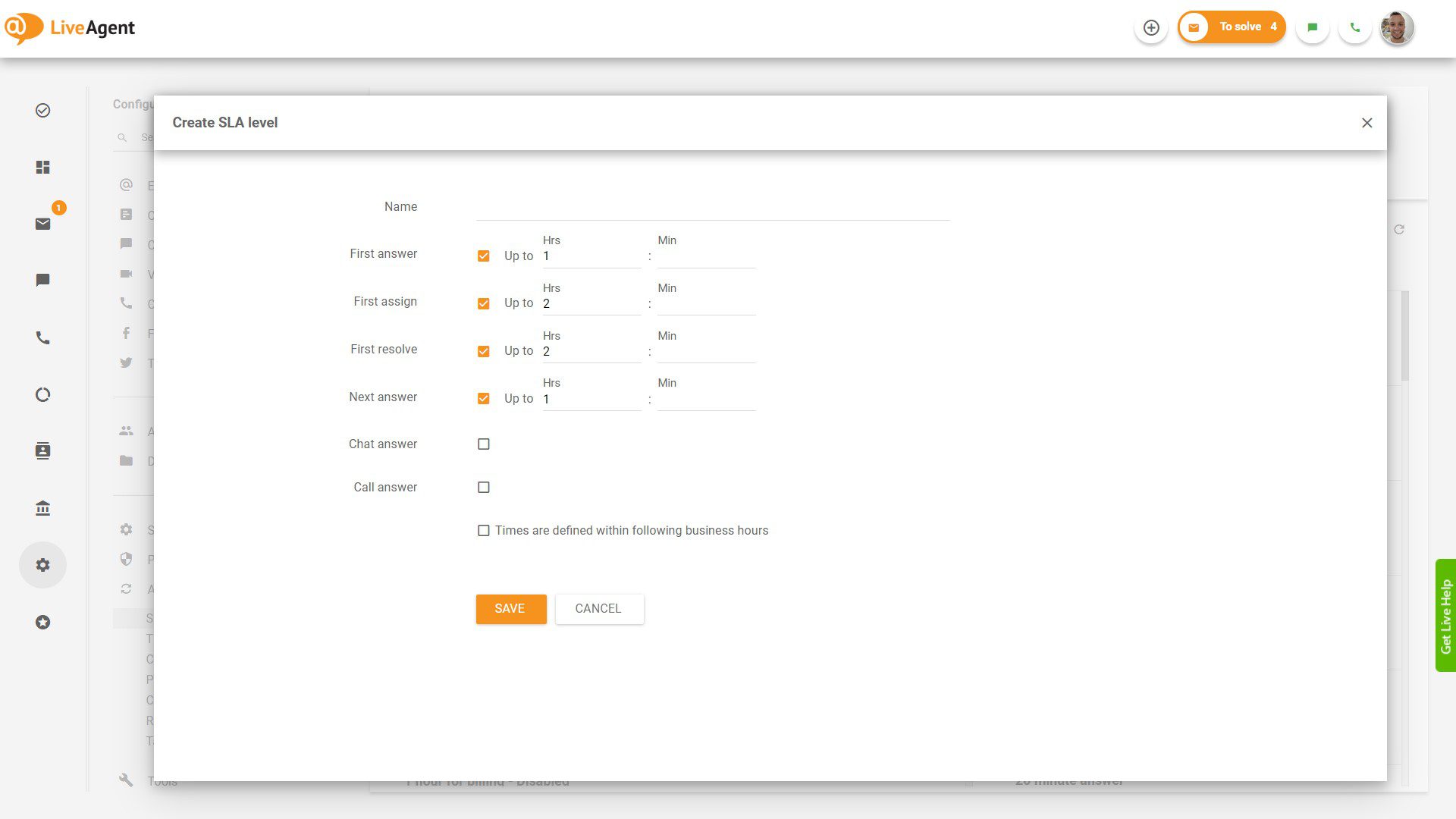 Izveidojiet SLA līmeni LiveAgent