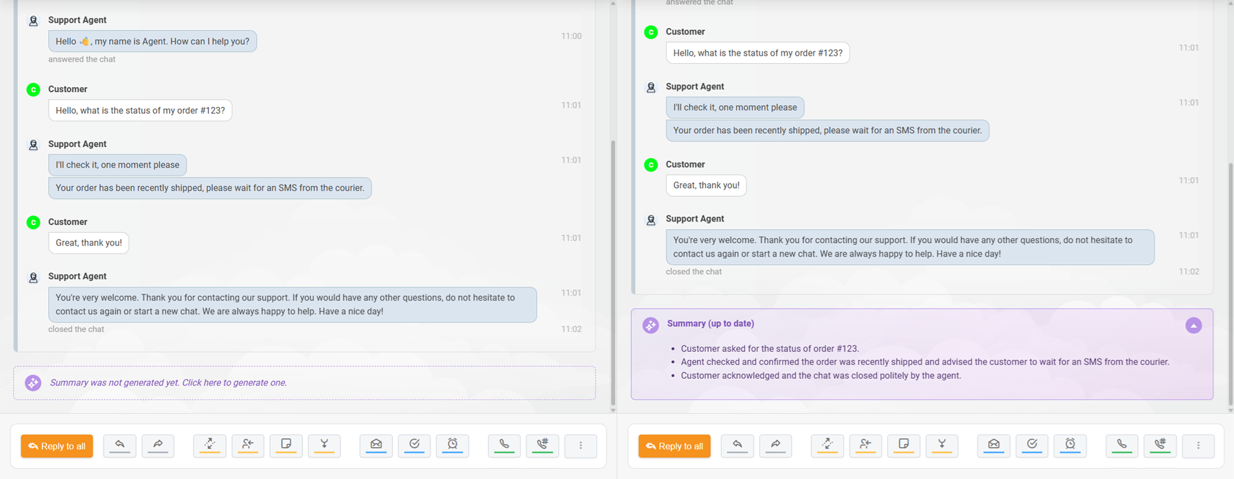 LiveAgent AI biļešu kopsavilkums, ģenerēts čata sarunai
