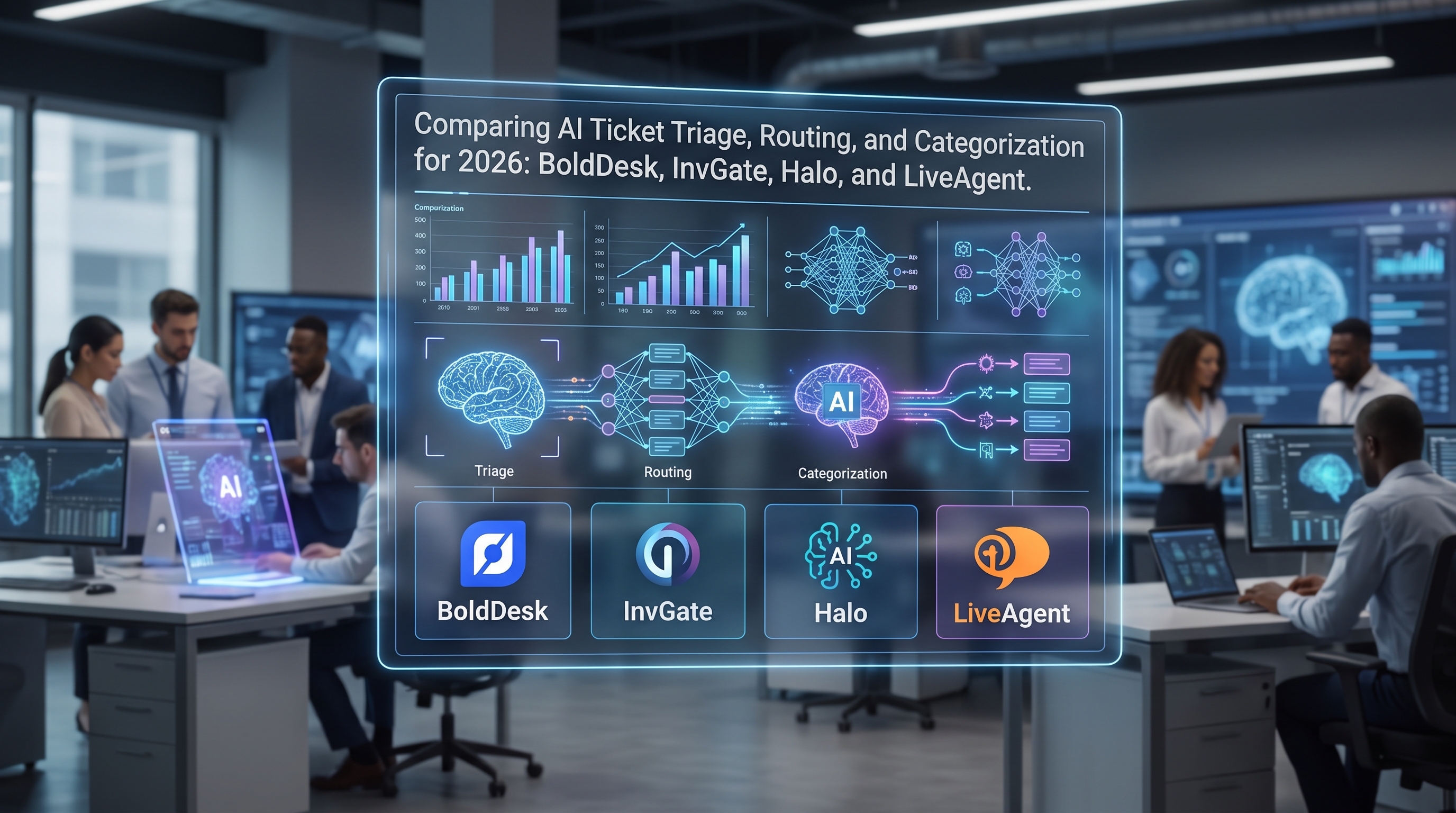 BoldDesk vs InvGate vs Halo vs LiveAgent: AI biļešu triāžas salīdzinājums 2026. gadam