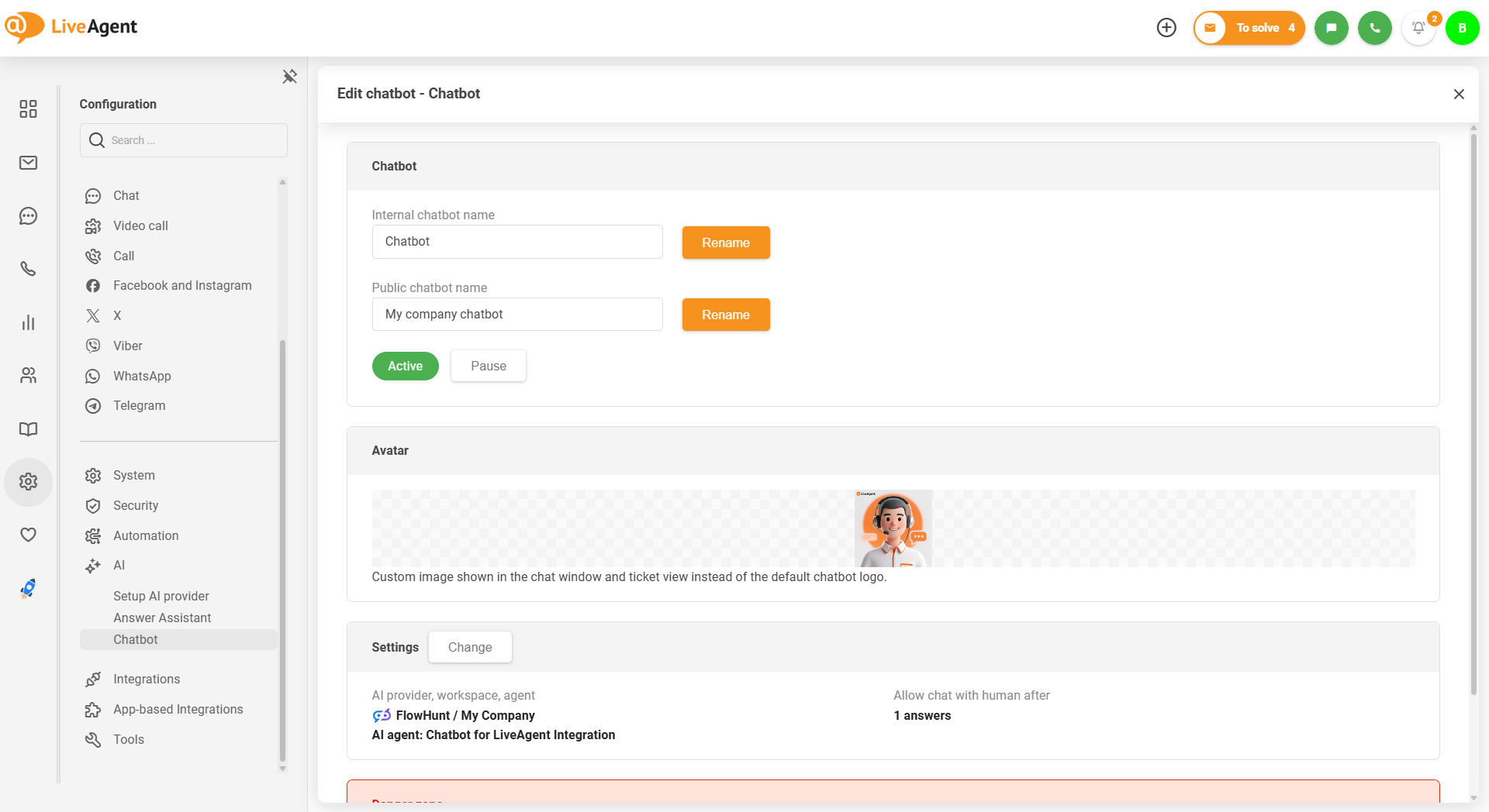 LiveAgent AI čatbots ar pielāgota avatāra attēla augšupielādi
