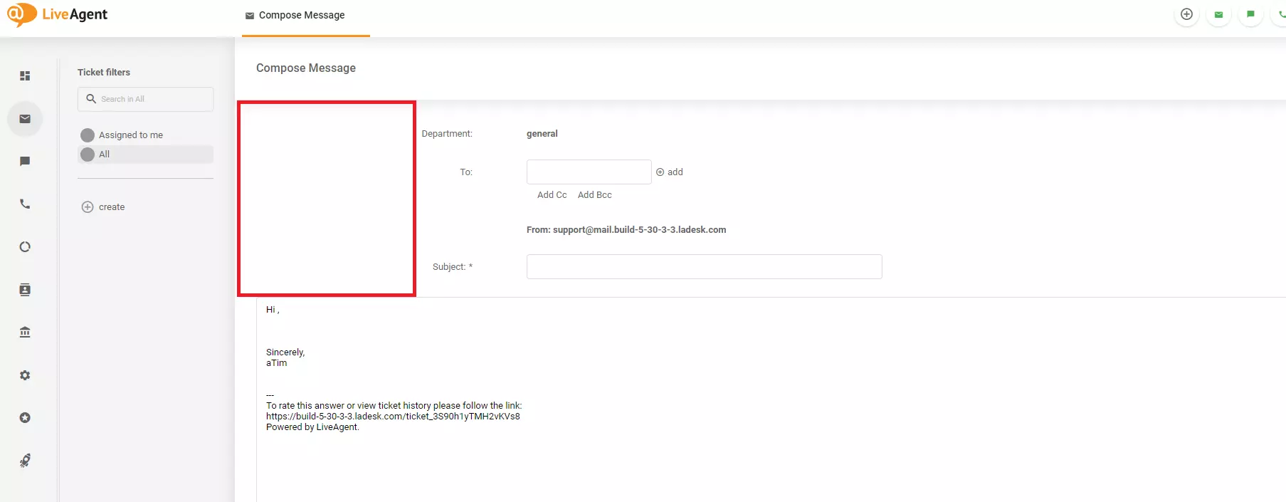 Attēls, kas parāda dizaina problēmu Komponēt ziņojumu ekrānā LiveAgent