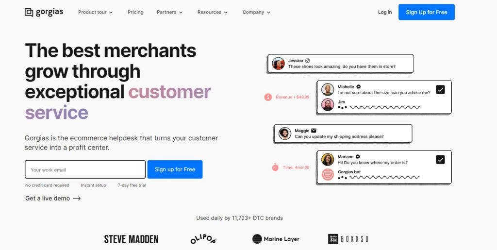Gorgias sākumlapa - peļņai fokusēta e-komercijas tiešā tērzēšanas programmatūra