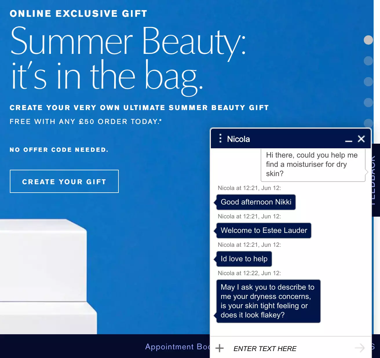 Estee Lauder tiešā čata piemērs