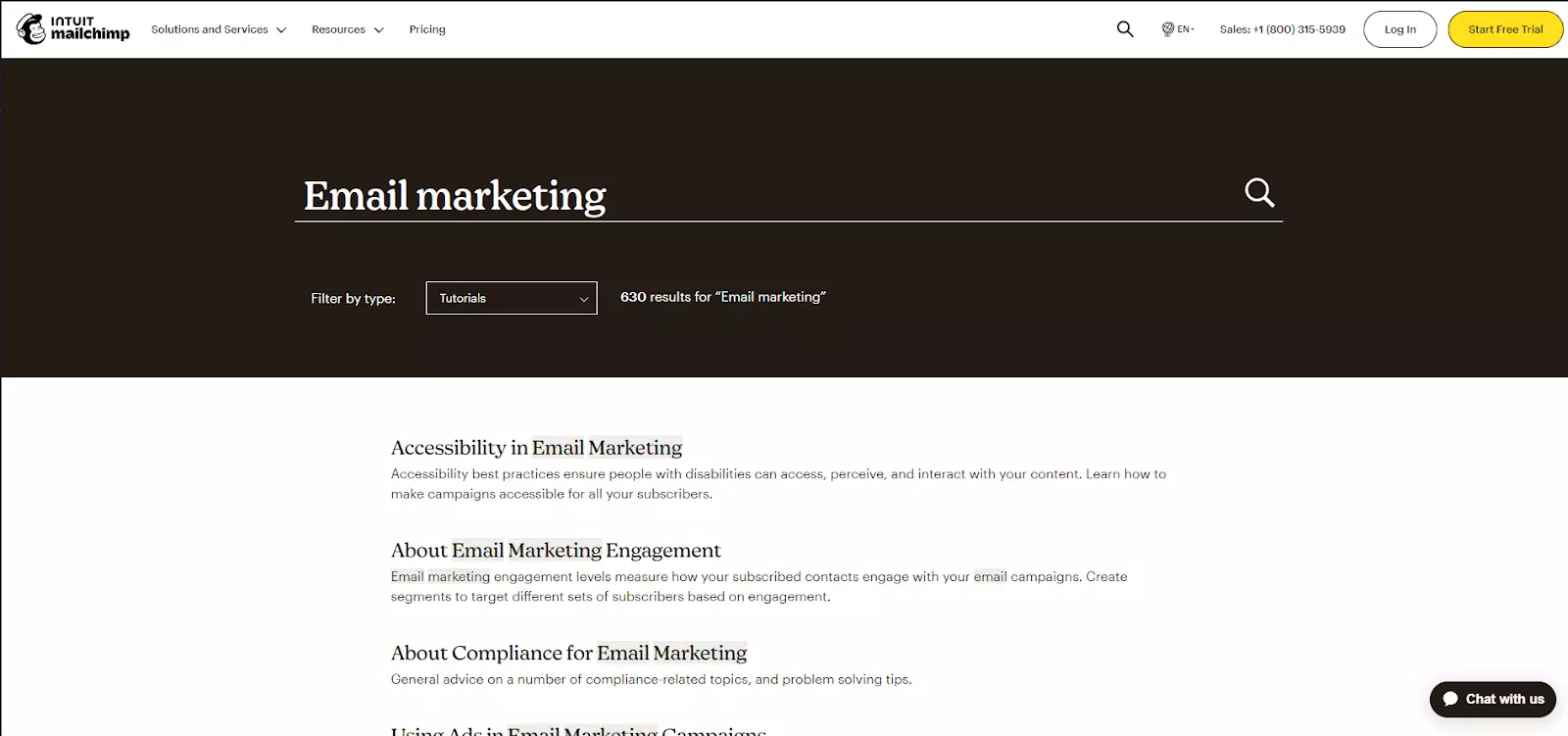 Meklēšanas funkcijas piemērs MailChimp zināšanu bāzē