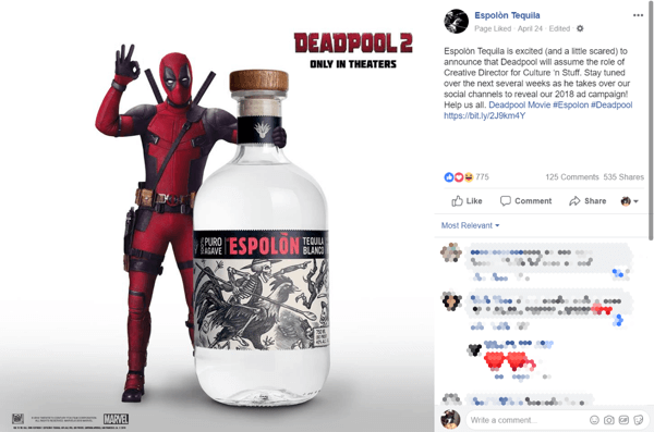 Tequila zīmola partnerības paziņojums ar Deadpool 2 filmu Facebook