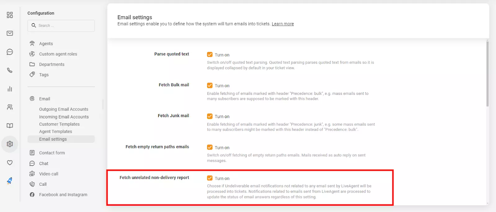 E-pasta iestatījumi LiveAgent, kas parāda 'iegūt nesaistītu neizdotas piegādes ziņojumu' opciju