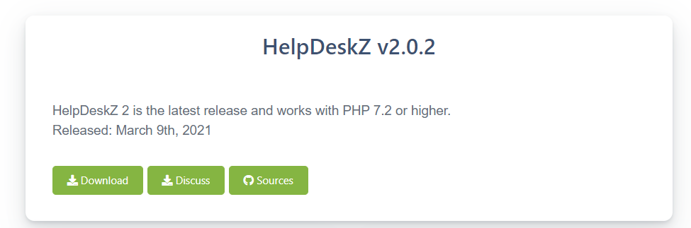 Atvērtā koda biļešu sistēmas lejupielādes lapas piemērs ar lejupielādes pogu, diskusiju un avotiem