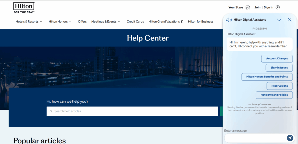 Hilton digitālais asistents Hilton tīmekļa vietnē