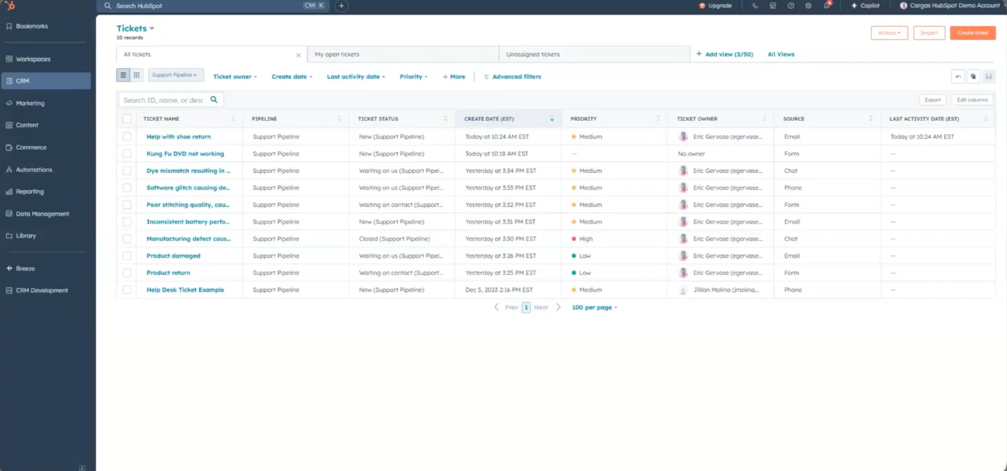 HubSpot Service Hub help desk ar biļešu cauruļvadu un CRM ierakstu