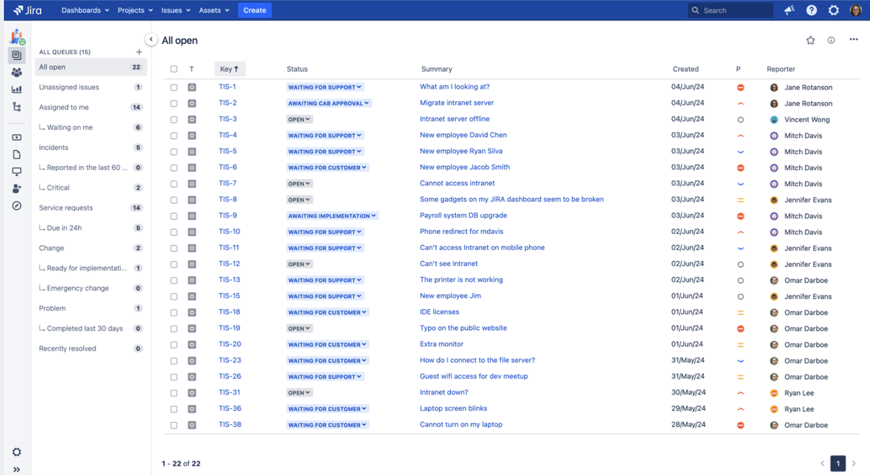 Jira Service Management biļešu rindas skats ar statusa veidiem