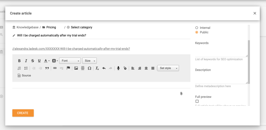 Zināšanu bāzes raksta izveide LiveAgent
