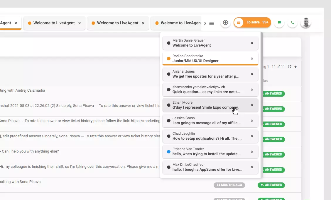 LiveAgent - Atvērto biļešu saraksts