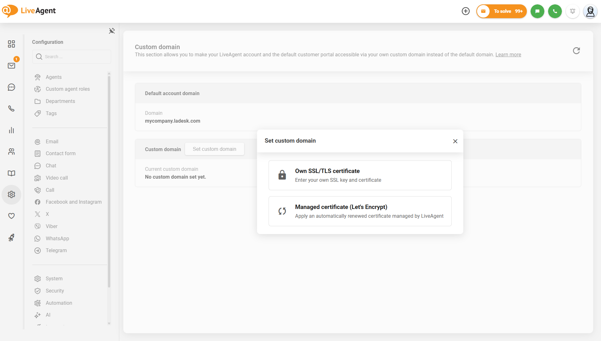 LiveAgent pielāgotā domēna iestatījumi ar Let's Encrypt pārvaldītā sertifikāta opciju