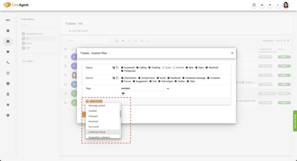 LiveAgent pievienot klientu filtru