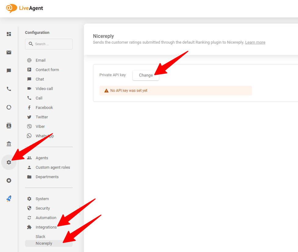 Attēls parāda, kur ievietot ģenerēto API atslēgu savā LiveAgent kontā