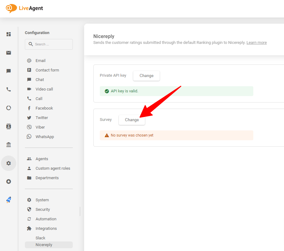 Izvēlieties Nicereply aptauju, ko vēlaties pēc API atslēgas ielīmēšanas savā LiveAgent