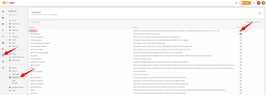 Nicereply integrācijas iespējošanas process LiveAgent iestatījumos