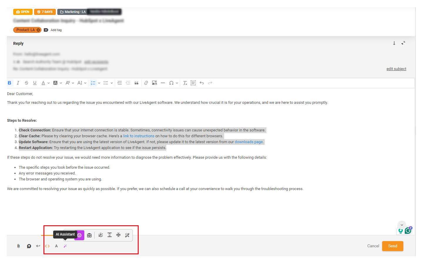 LiveAgent AI atbildes asistentu saskarnes