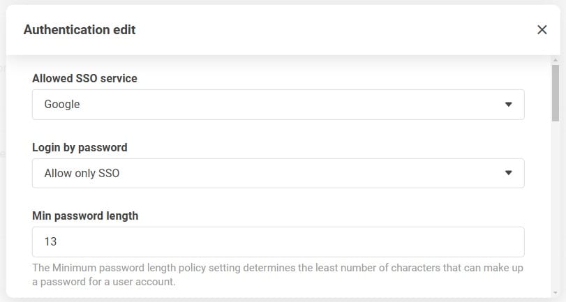 Autentifikācijas iestatījumu ekrāns, parādot opciju atļaut tikai SSO paroles pierakstīšanās sadaļā