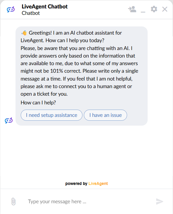 LiveAgent čata logs ar AI čatbota sveicienu un divām pieskārienam draudzīgām atbilžu pogām iestatījumu palīdzībai un problēmas ziņošanai