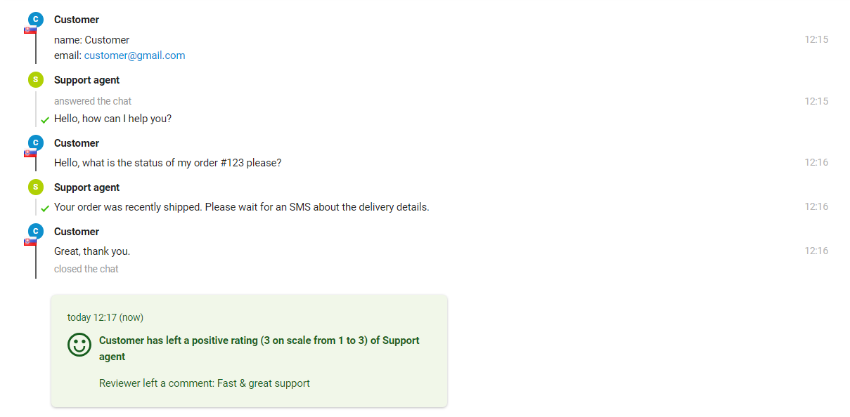 Attēls parāda mijiedarbību starp klientu un atbalsta aģentu, kur aģents var redzēt novērtējumu ziņojuma beigās