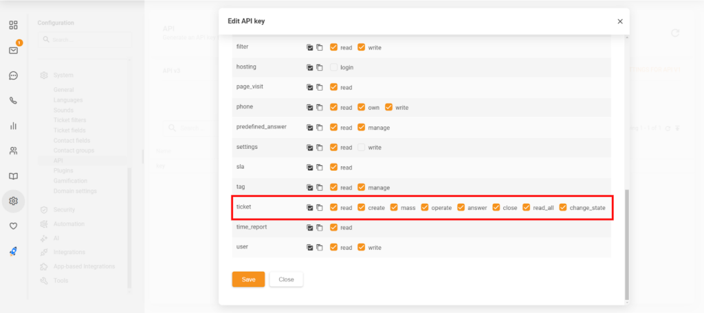 Rediģēšanas API atslēgas sadaļa LiveAgent, kurā parādītas jaunās 'close' un 'change_state' atļaujas